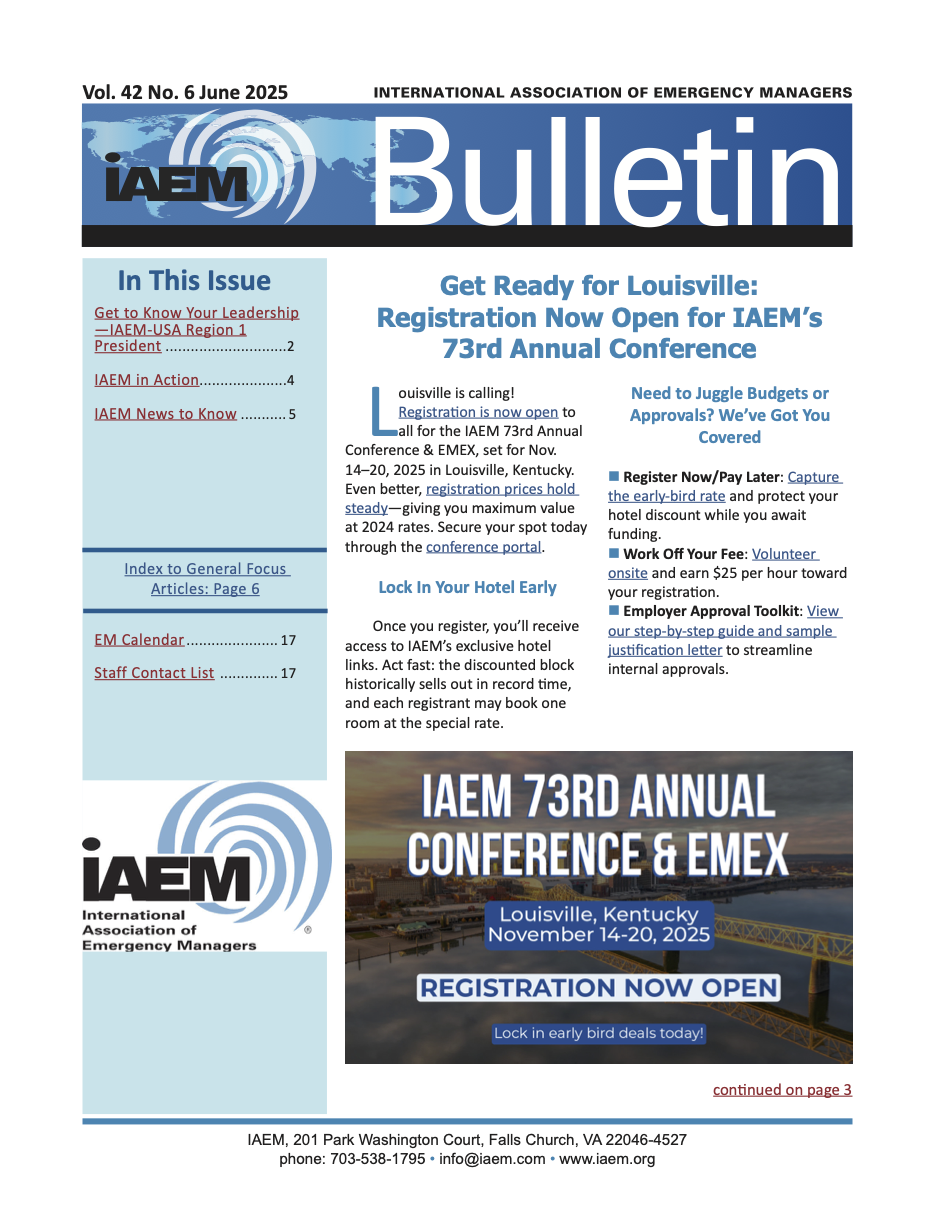 IAEM Bulletin Spread 1: Cover & Feature Lead